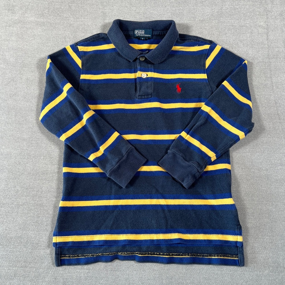 Polo Ralph Lauren Striped Long Sleeve Polo Shirt Kids Size 7 Navy Blue Cotton